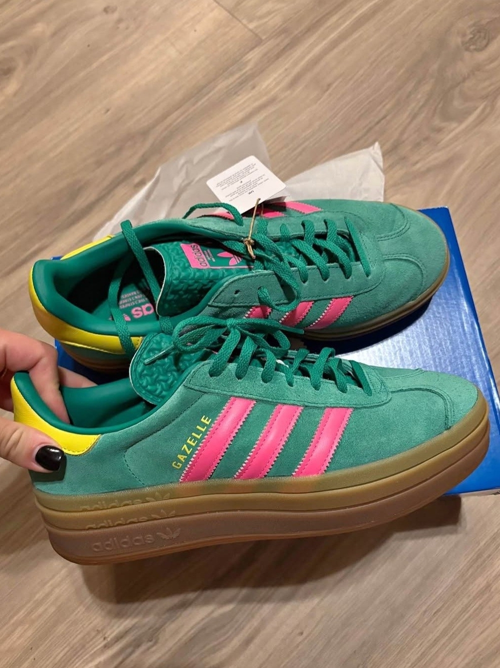 adidas Gazelle Women’s Sneakers in Teal with Pink Stripes and Yellow Heel Tab